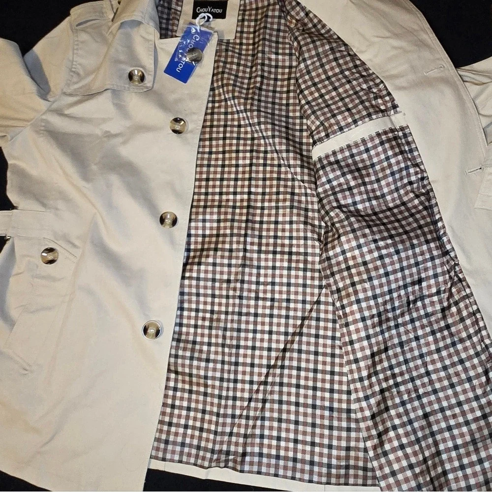 NWT ChouYatou Men's Light Tan‎ Trench Coat Sz XL Lined Pockets 100% cotton